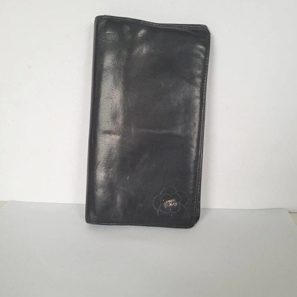 CHANEL Vintage Authentic Camellia Logo Wallet Black Classic Large Bifold Long - Picture 1 of 15